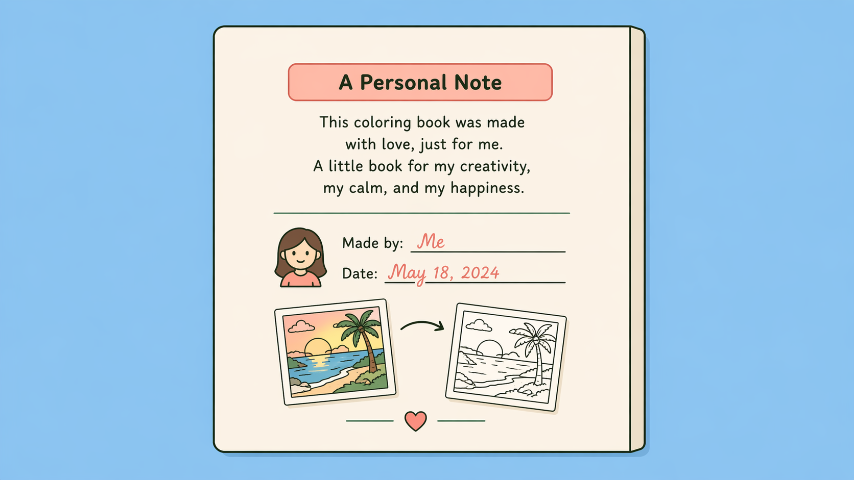 Example of a personal coloring book back cover with a short dedication, a signature line for the maker and date, and a small line-art preview
