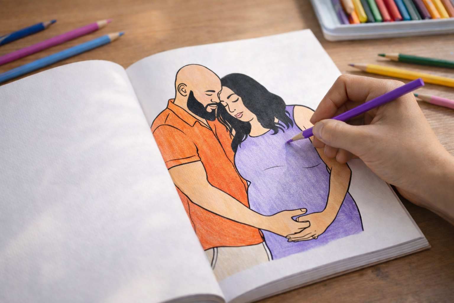 A colored-in coloring book page of a couple, being colored by hand