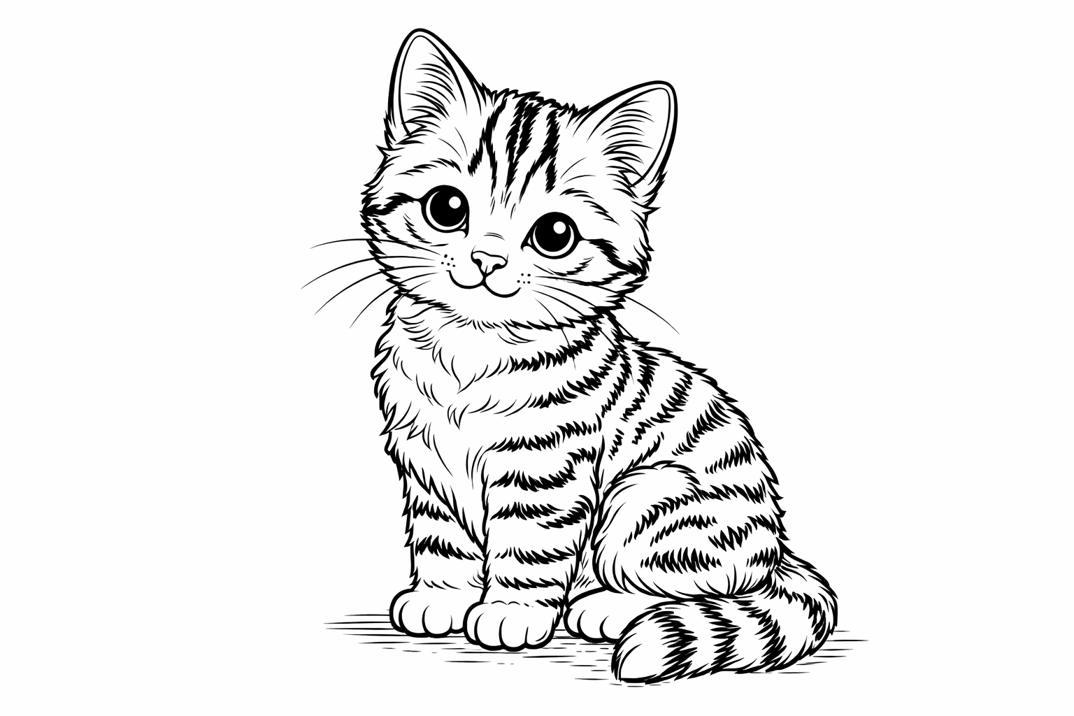 Detailed coloring page of a striped kitten showing intricate fur patterns