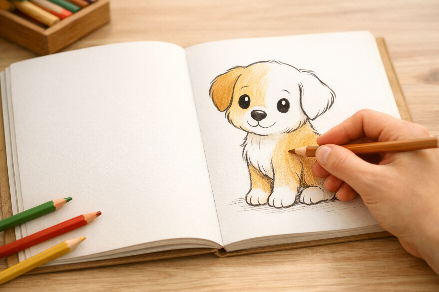 A hand coloring a cute puppy in a coloring book with colored pencils
